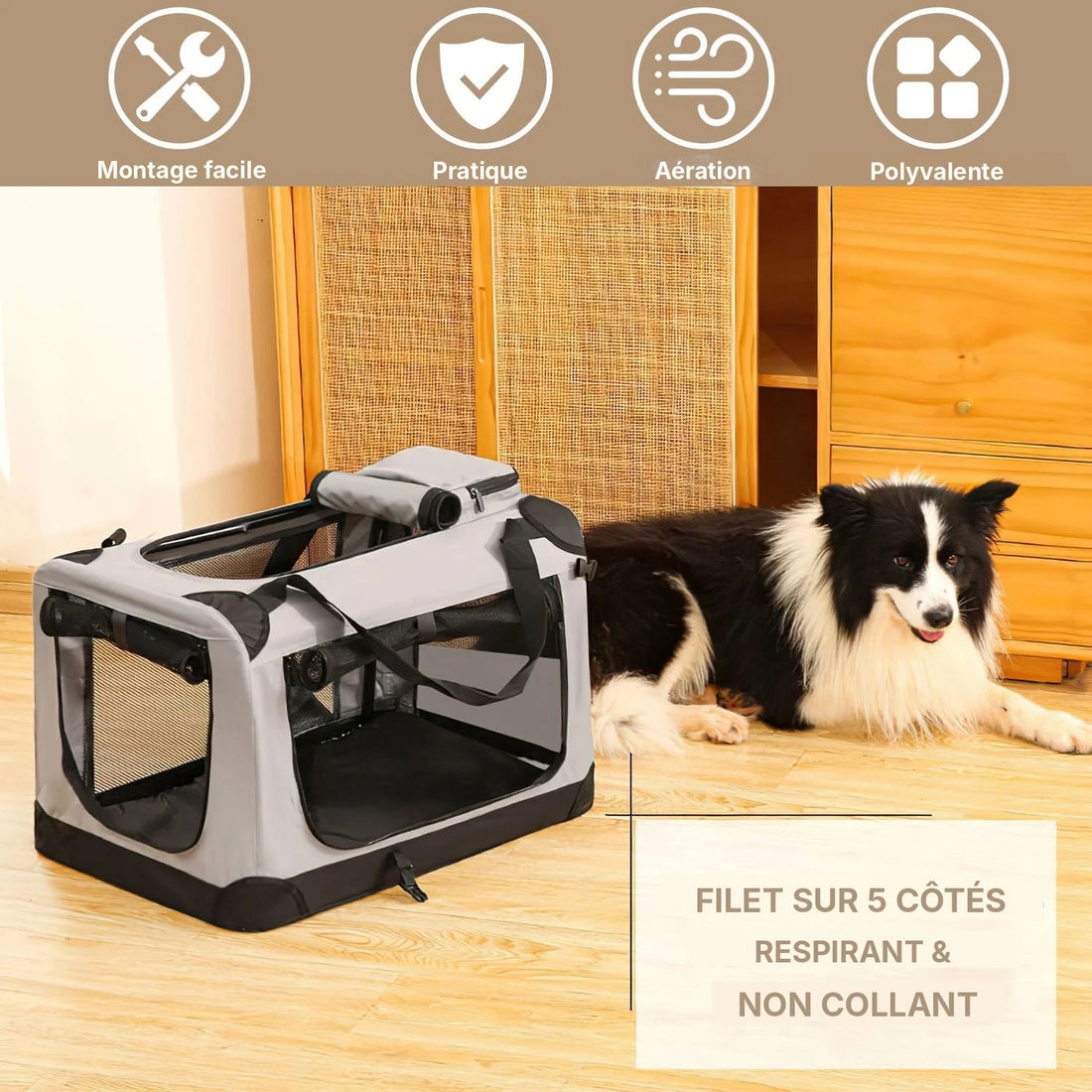 Cage de transport pliable pour chat et chien, grise, avec un golden retriever, montrée ouverte et pliée à plat
