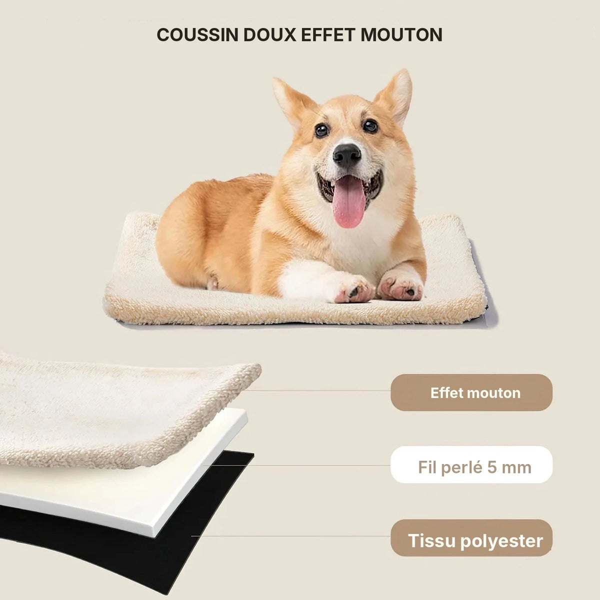 Cage de transport pliable pour chat et chien : coussin effet peau de mouton avec un corgi, détail des couches