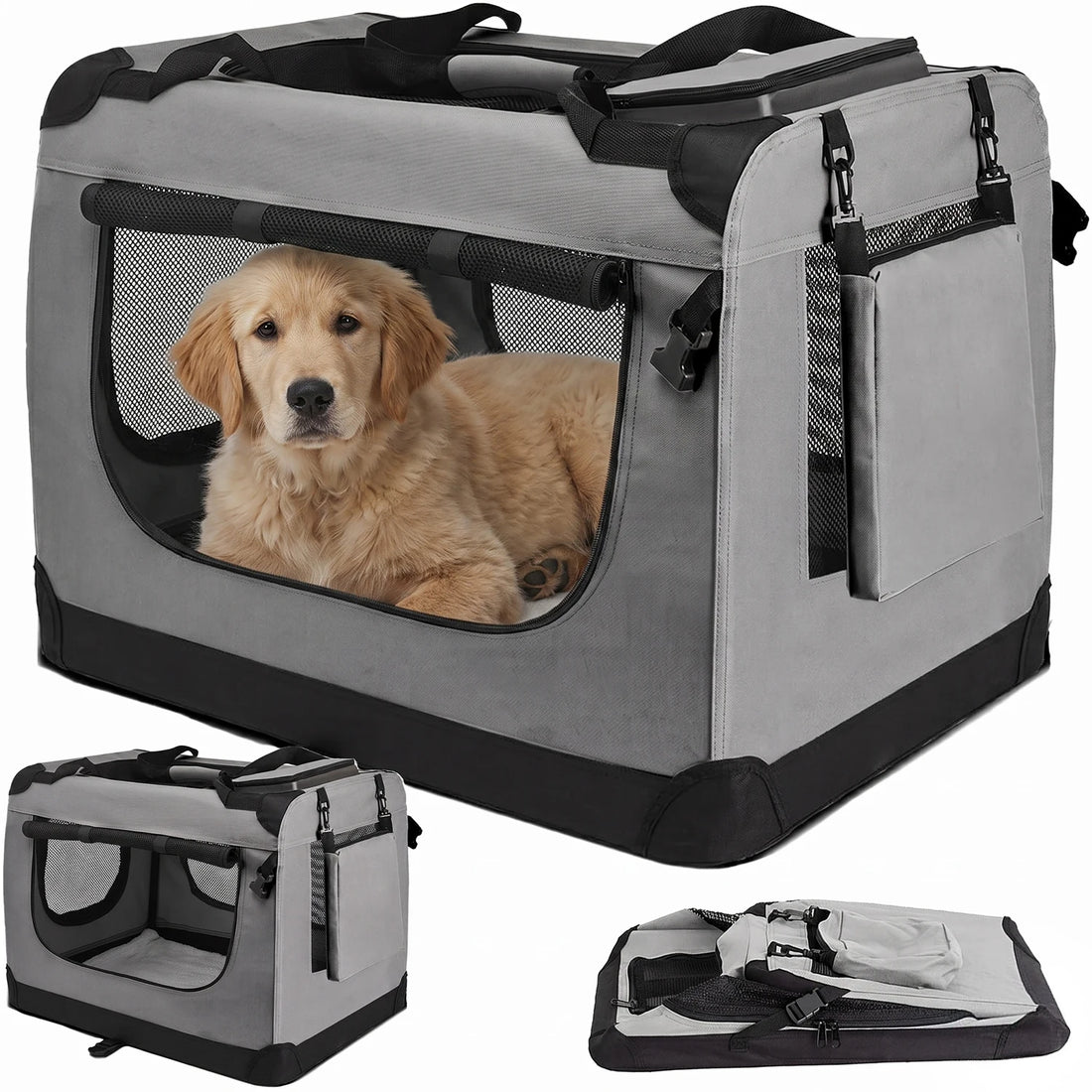 Cage de transport pliable pour chat et chien, grise, avec un golden retriever, montrée ouverte et pliée à plat