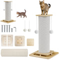 Griffoir pour chat 3 en 1 en sisal, contenu du colis : poteau, plateaux, base à billes, visserie et pompons