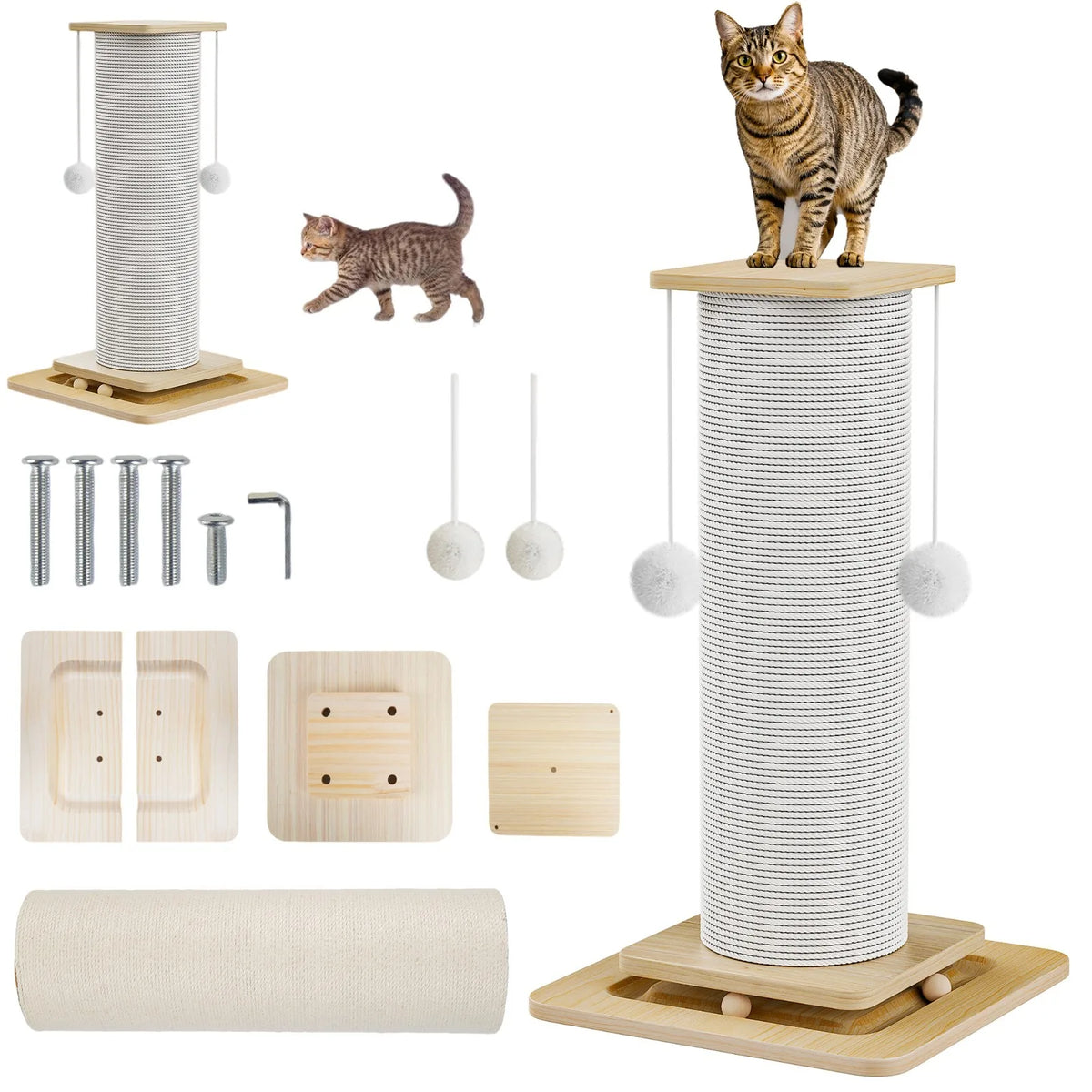 Griffoir pour chat 3 en 1 en sisal, contenu du colis : poteau, plateaux, base à billes, visserie et pompons