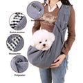 Sac de transport bandoulière pour chien et chat gris porté avec un bichon, détails poche, bouton et mousqueton