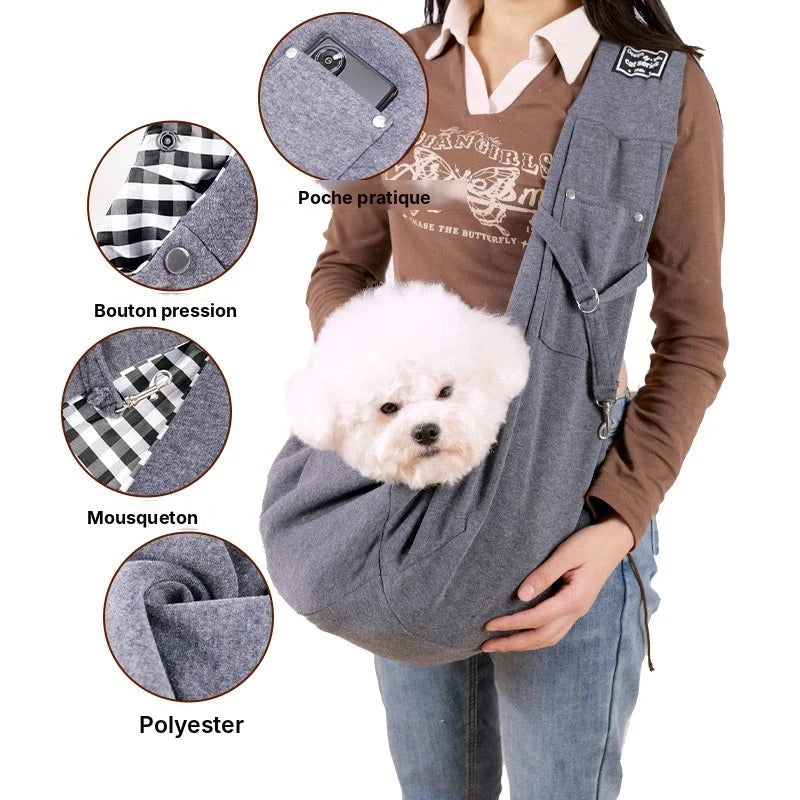 Sac de transport bandoulière pour chien et chat gris porté avec un bichon, détails poche, bouton et mousqueton