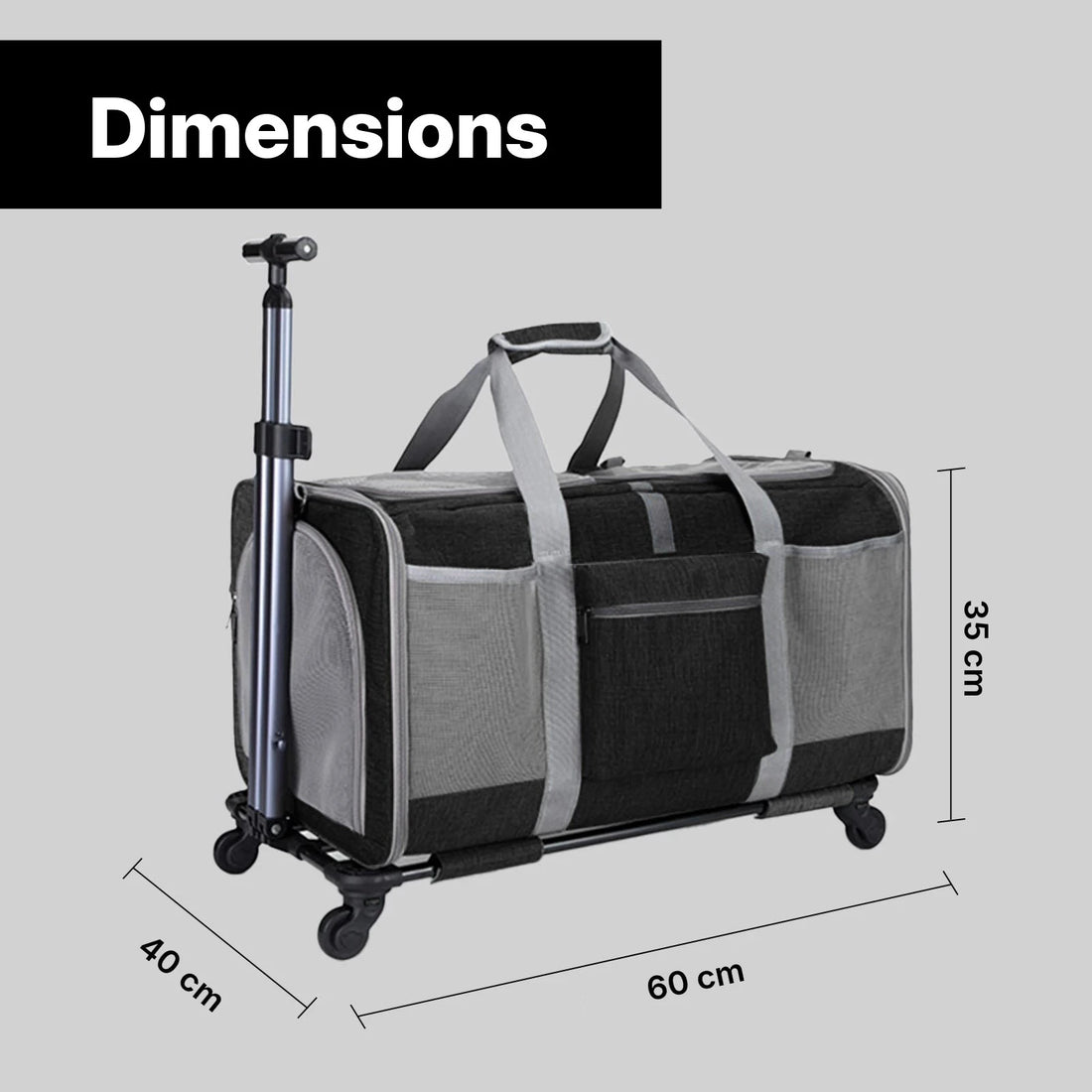 Sac trolley pliable à roulettes pour chat et chien noir et gris avec poignée télescopique, vue de trois quarts