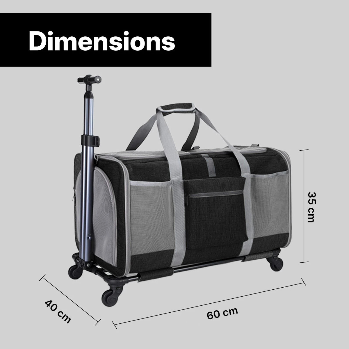 Dimensions du sac trolley pliable à roulettes pour chat et chien : 60 × 40 × 35 cm