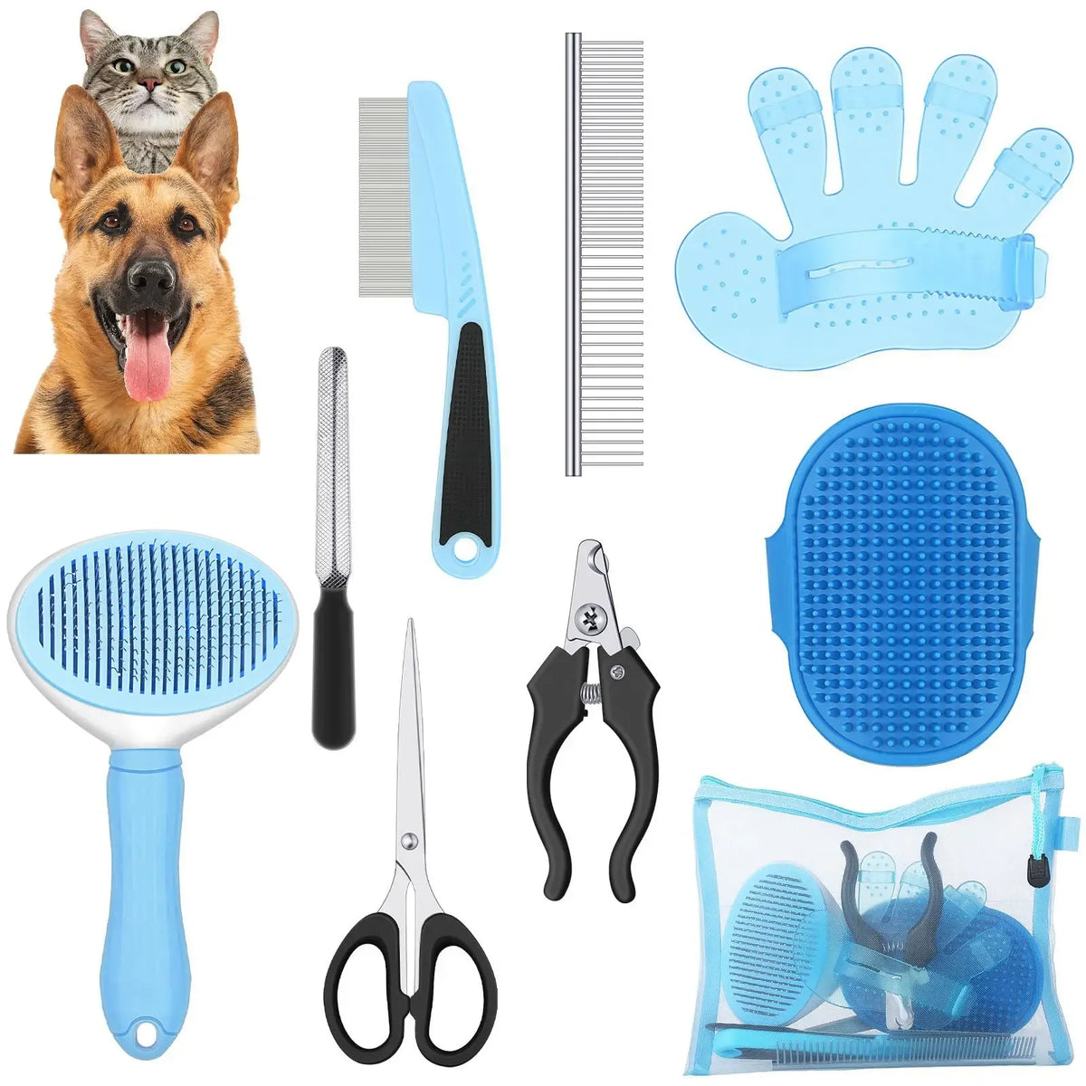 Kit de toilettage avec peigne anti-puces coloris bleu : brosse, peignes, ciseaux, coupe-griffes, gant de bain et trousse