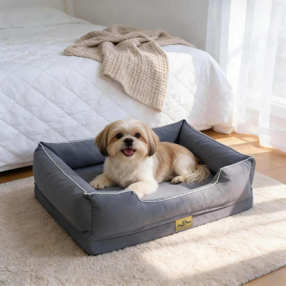 Lit pour chien BINGOPAW gris avec un petit chien couché dessus, sur un tapis de chambre