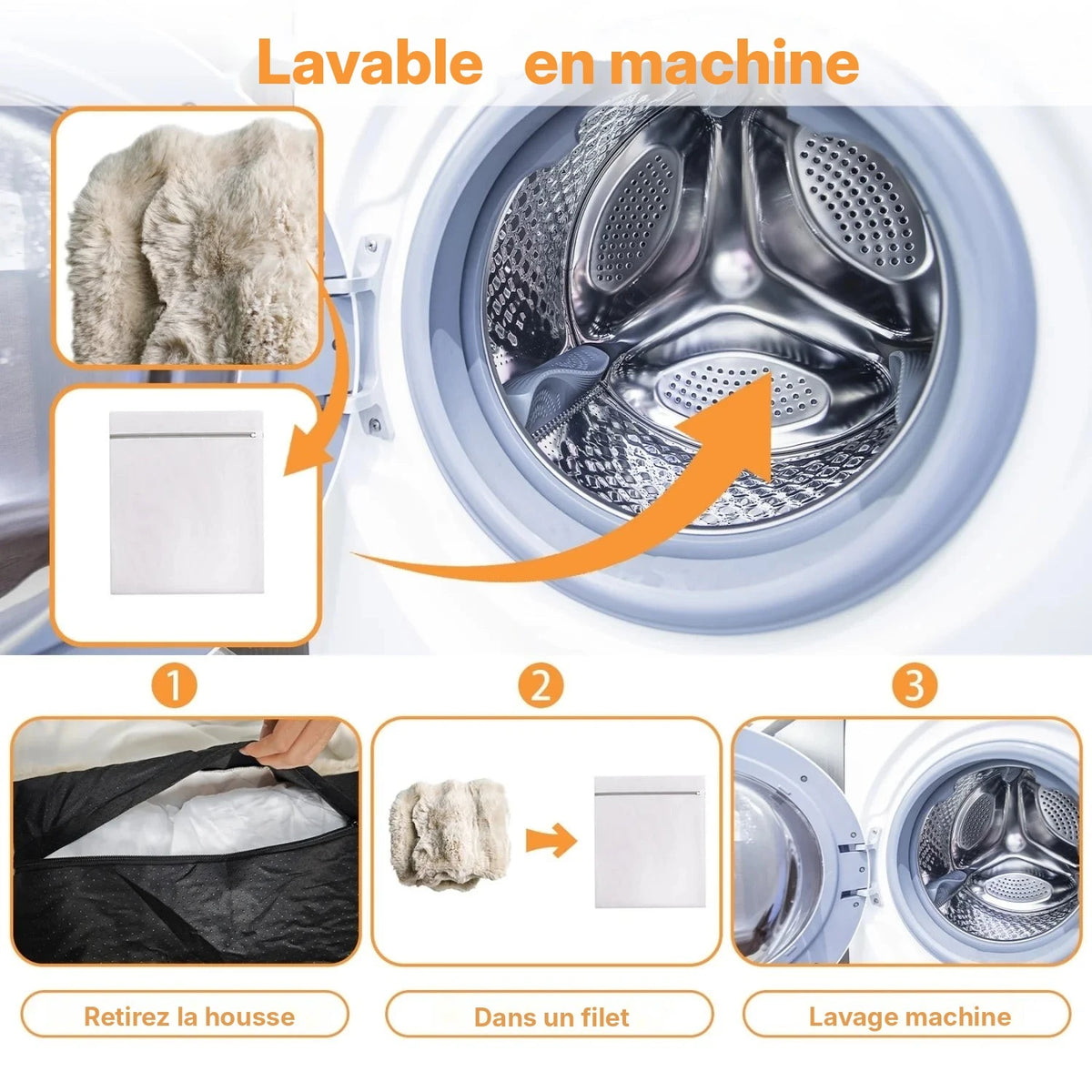 Housse du lit en peluche BINGOPAW déhoussable, glissée dans un filet puis lavée en machine