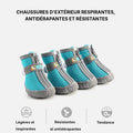 Quatre chaussures antidérapantes respirantes pour petit chien turquoise avec leurs points forts : légères, résistantes