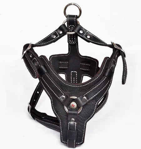 Harnais en cuir véritable marron avec poignée pour grand chien, boucles métalliques, vue de profil