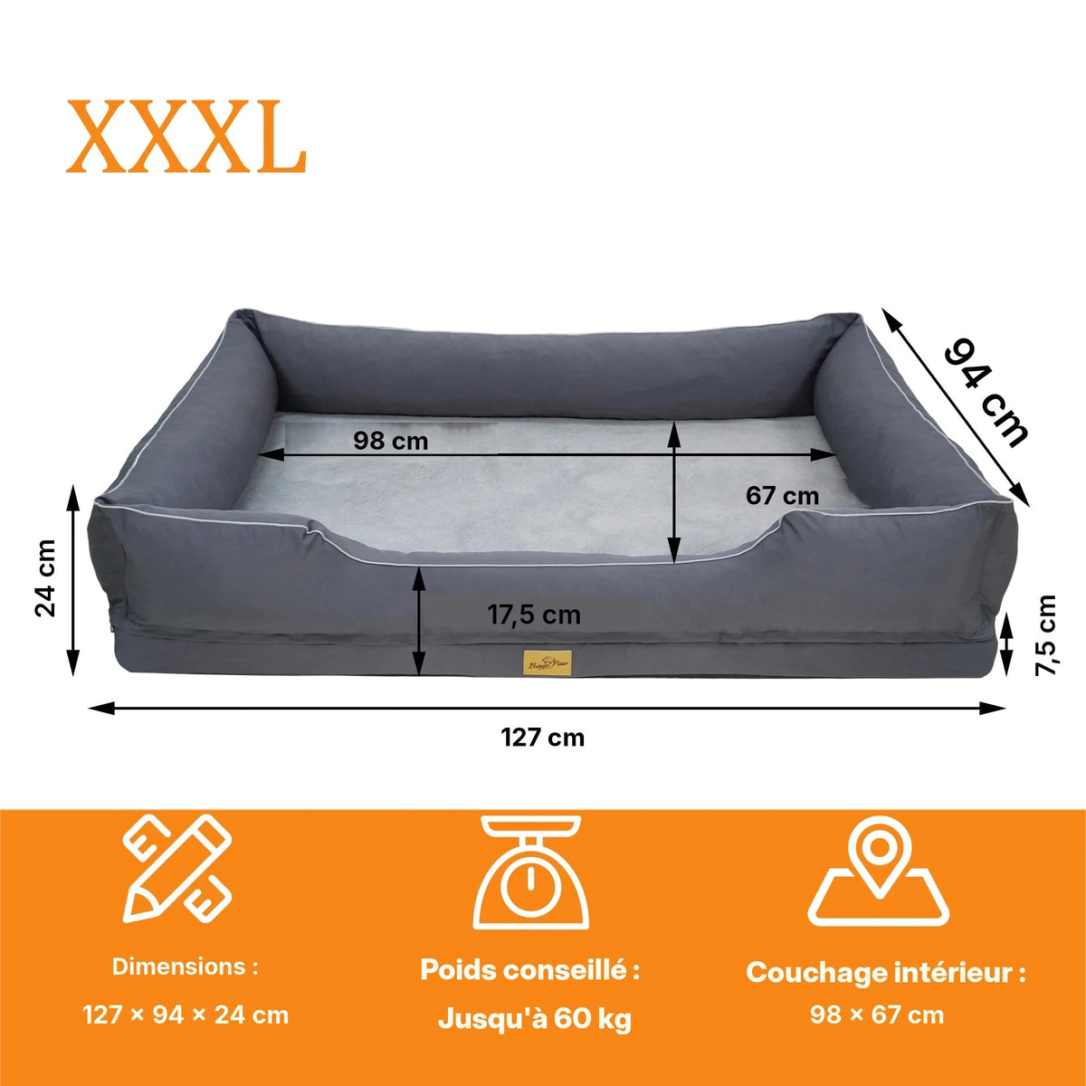 Lit pour chien BINGOPAW gris taille XXXL, schéma des dimensions, poids conseillé et couchage