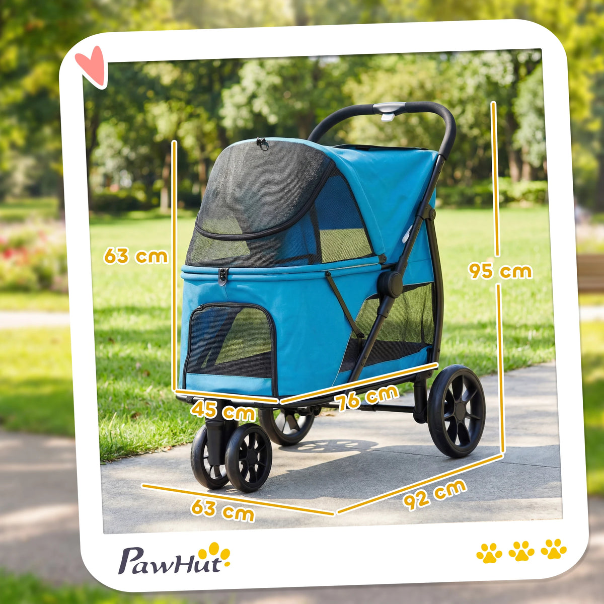 Poussette tout-terrain pliable PawHut pour chien bleue, schéma des dimensions : 92 × 63 × 95 cm, nacelle de 76 cm