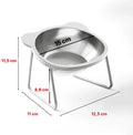 Dimensions du bol incliné surélevé en inox 304 : 15 cm de diamètre, 11,5 cm de haut, pied 11 × 12,5 cm