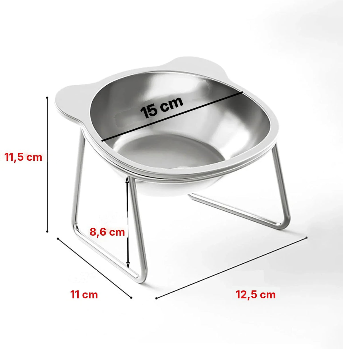 Dimensions du bol incliné surélevé en inox 304 : 15 cm de diamètre, 11,5 cm de haut, pied 11 × 12,5 cm