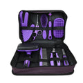 Kit de toilettage 9 pièces pour chien, trousse ouverte avec les 9 accessoires rangés, sur fond blanc