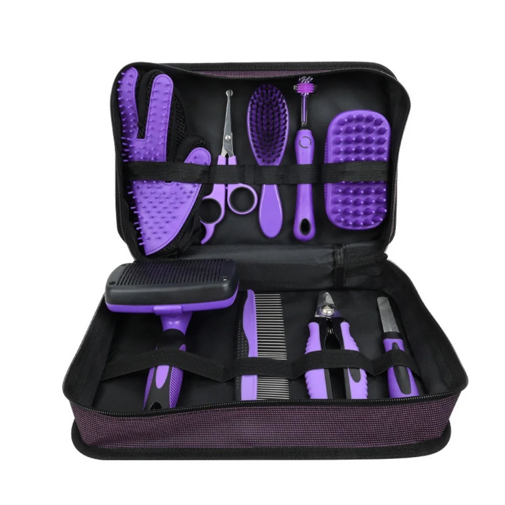 Kit de toilettage 9 pièces pour chien, trousse ouverte avec les 9 accessoires rangés, sur fond blanc