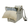 Sac de transport en coton gris pour chat et petit chien avec coussin beige rabattu et bandoulière