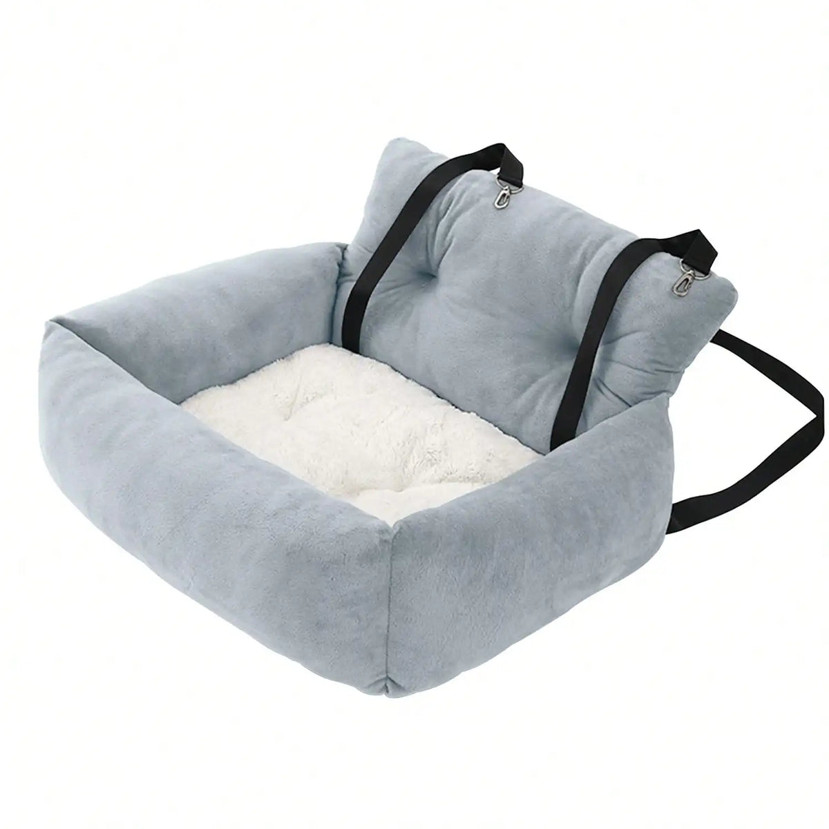Siège rehausseur auto en peluche pour petit chien et chat, gris clair, vu de trois quarts avec sangles de fixation