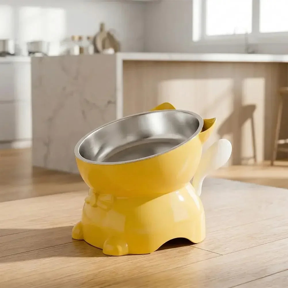 Bol surélevé oreilles de chat coloris jaune avec bol en acier inoxydable amovible, sur fond blanc
