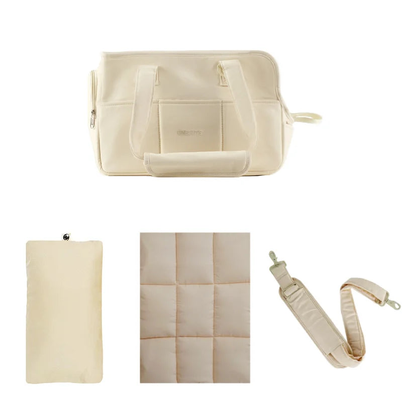 Sac de transport en coton beige pour chat et petit chien avec coussin, tapis matelassé et bandoulière
