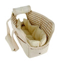Sac de transport en coton pour chat et petit chien coloris beige, intérieur à carreaux et coussin moelleux