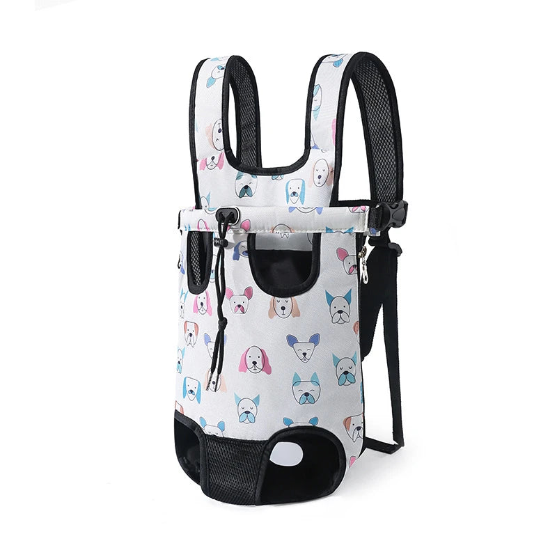 Sac à dos ventral pour petit chien en maille respirante, blanc à motif bouledogues colorés, vue de trois quarts