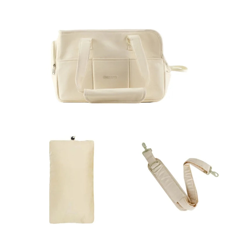Sac de transport en coton beige pour chat et petit chien avec coussin beige et bandoulière réglable