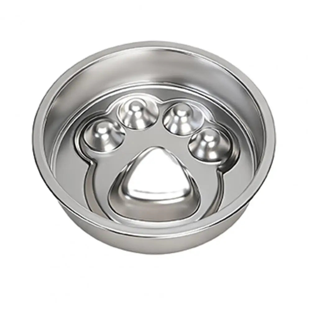Gamelle anti-glouton en acier inoxydable motif patte à coussinets en relief, vue de dessus sur fond blanc