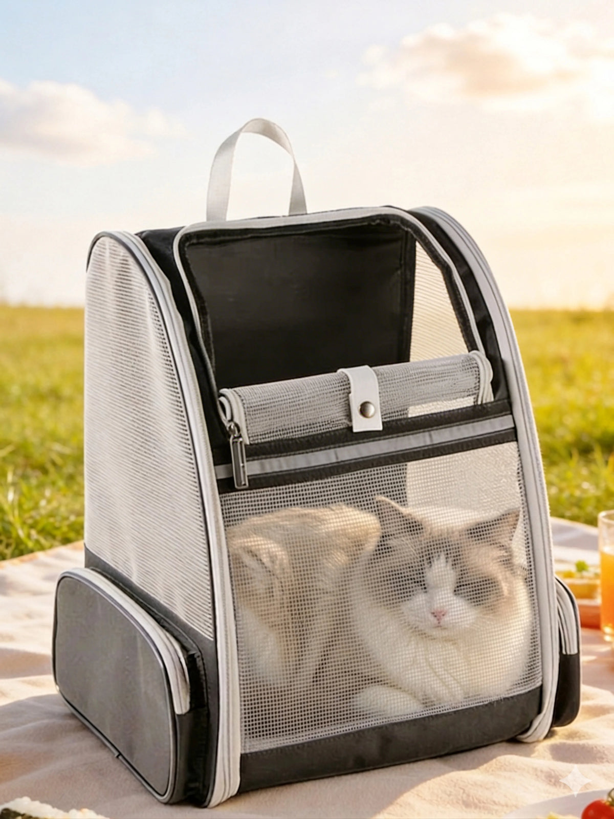 Sac à dos extensible et pliable pour chat et petit chien coloris noir et gris, chat couché à l'intérieur