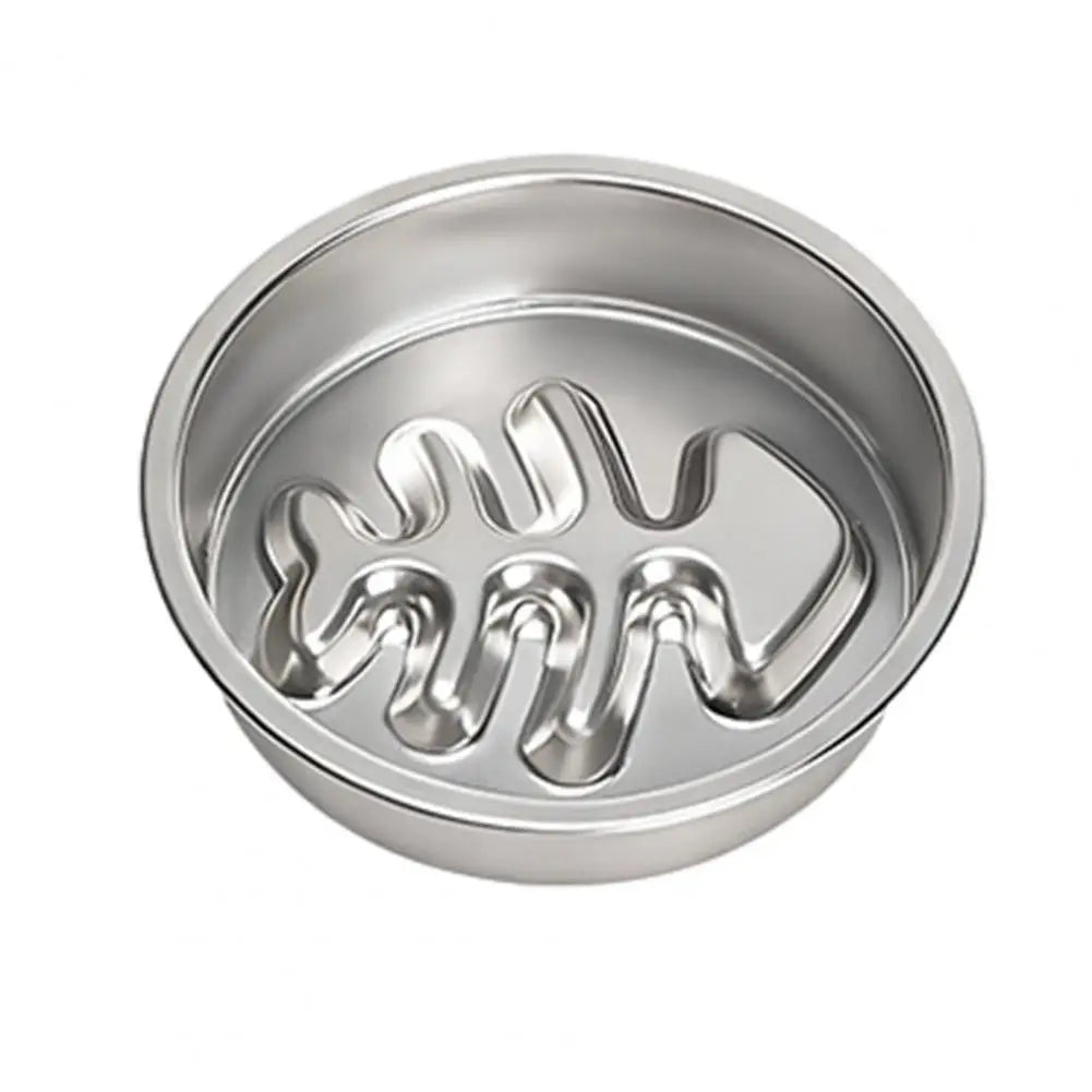 Gamelle anti-glouton en acier inoxydable motif arête de poisson, vue de dessus sur fond blanc