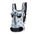 Sac à dos ventral pour petit chien en maille respirante, bleu ciel à motif bouledogues, vue de trois quarts