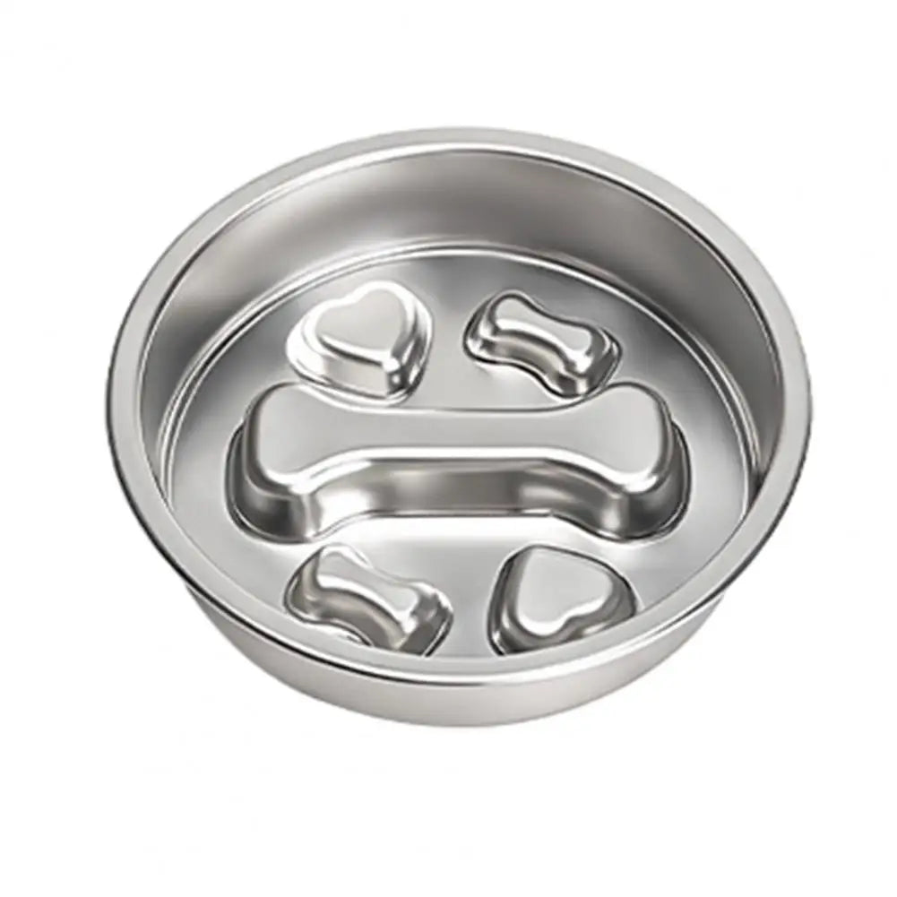 Gamelle anti-glouton en acier inoxydable motif os et cœurs, vue de dessus sur fond blanc