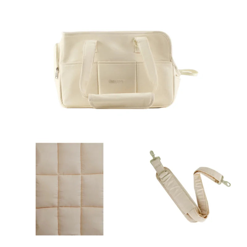 Sac de transport en coton beige pour chat et petit chien avec tapis matelassé beige et bandoulière