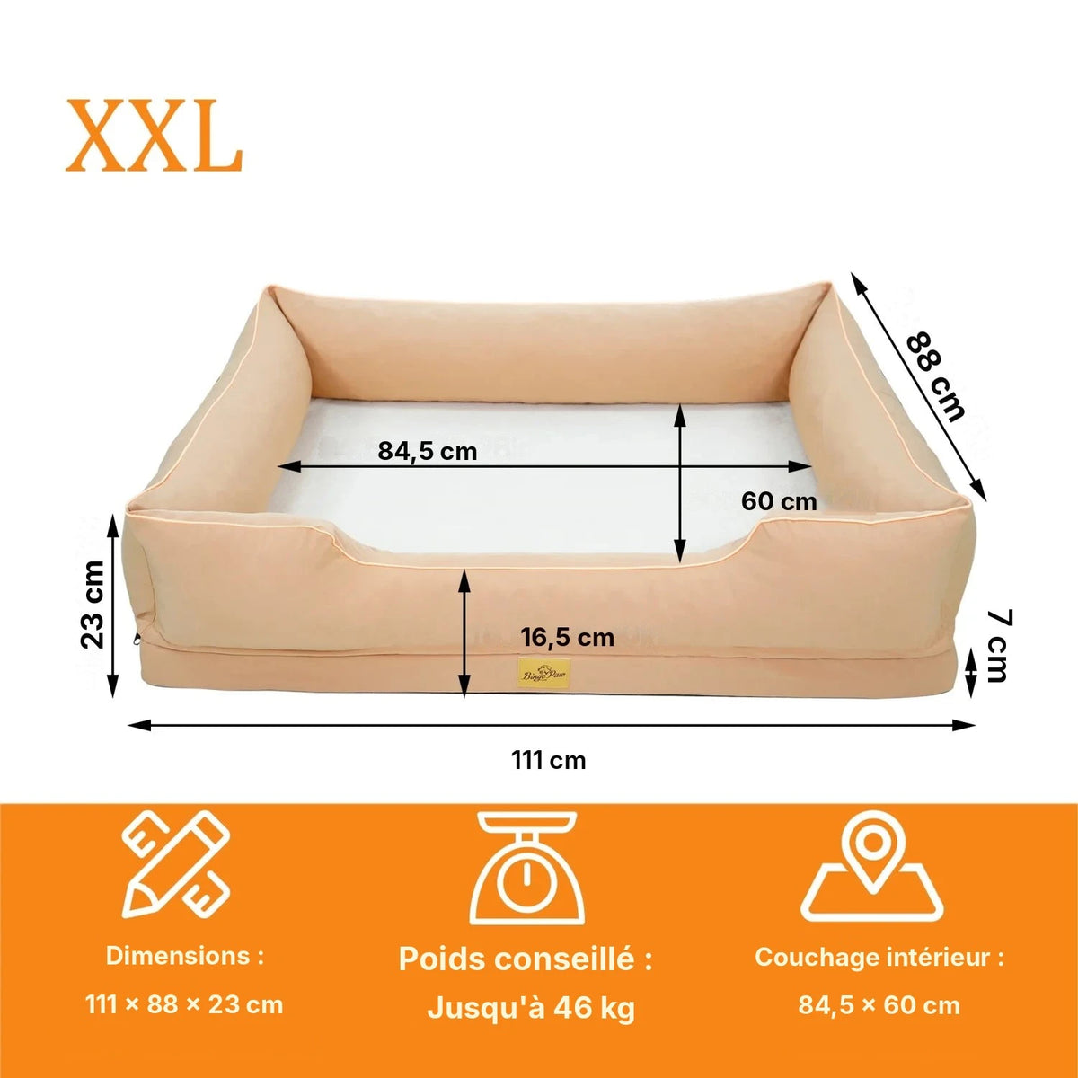 Lit pour chien BINGOPAW beige taille XXL, schéma des dimensions, poids conseillé et couchage