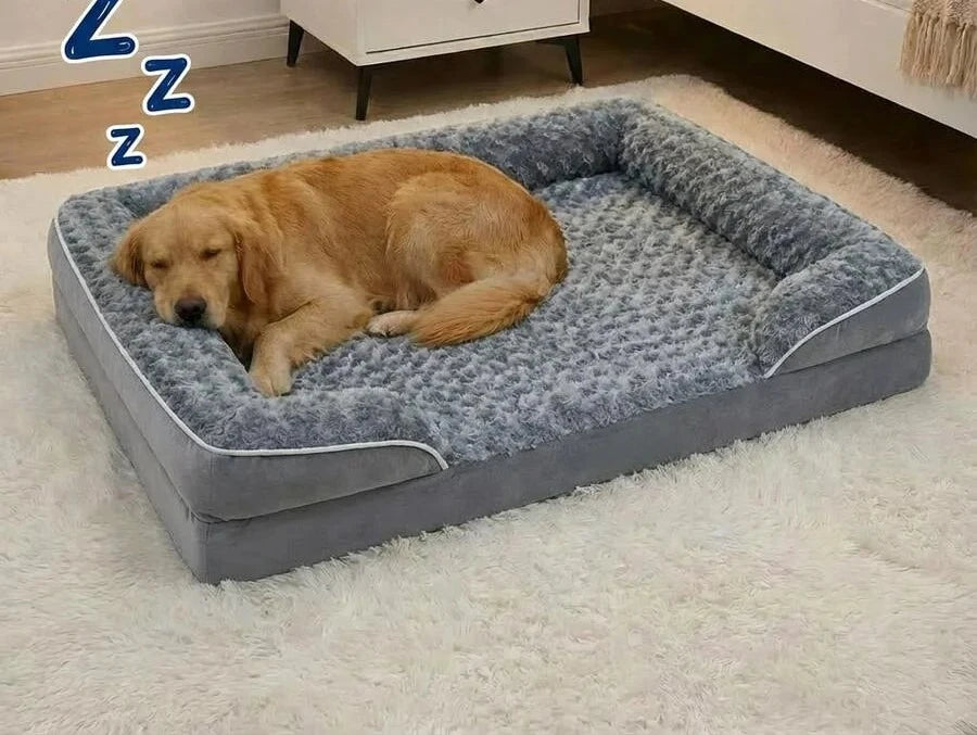 Coussin pour grand chien à rebords, gris, surface en peluche douce, golden retriever endormi sur un tapis