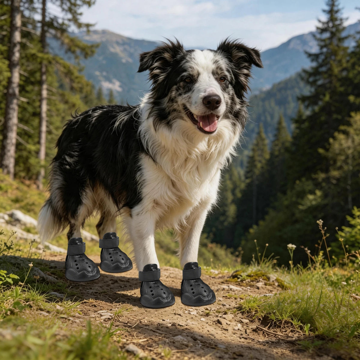 Bottines respirantes en EVA pour chien, lot de 4, portées par un border collie sur un sentier de montagne