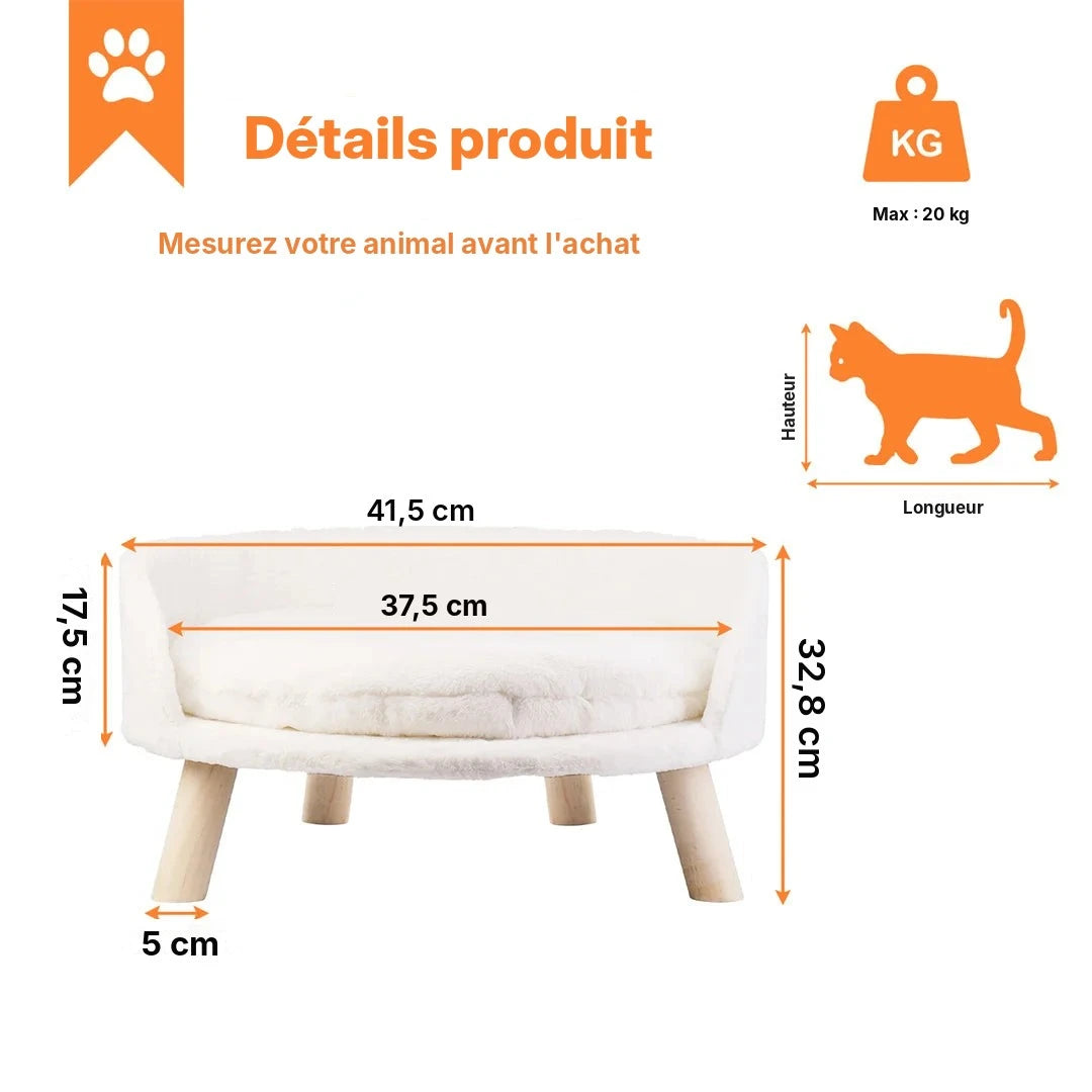 Lit surélevé BINGOPAW en peluche blanche avec pieds en bois massif, petit chien bichon assis dessus