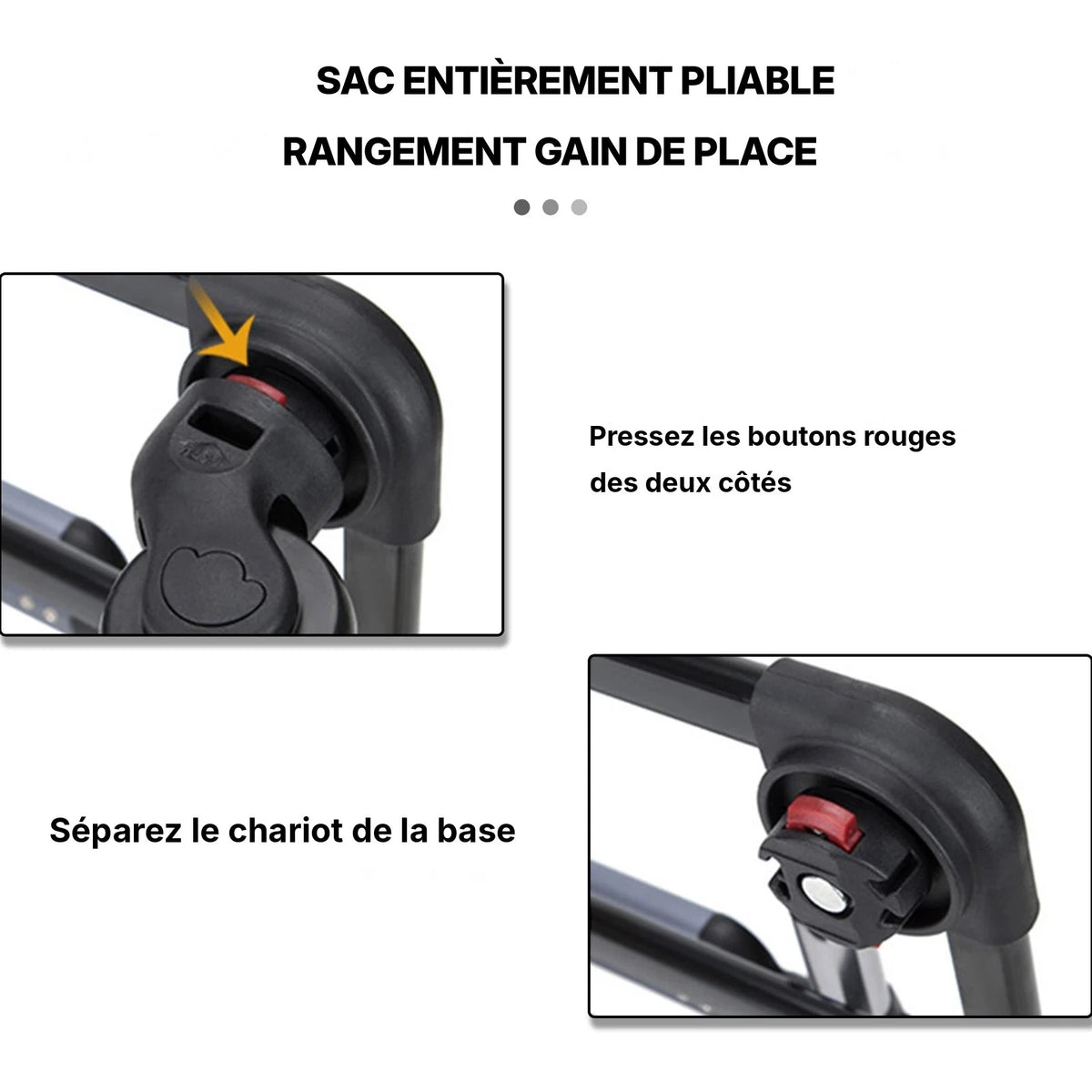 Démontage du sac trolley pliable pour chat et chien : boutons rouges latéraux et séparation du chariot