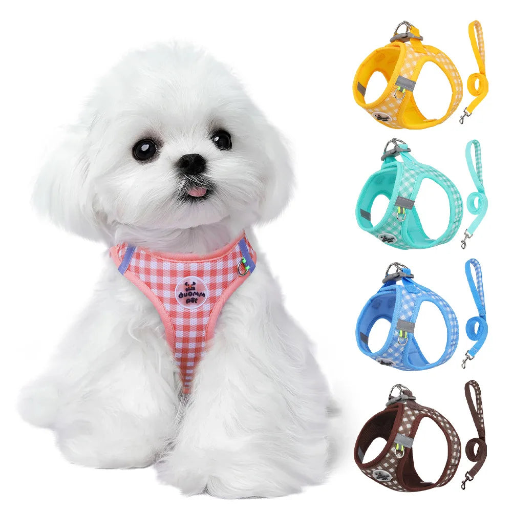 Harnais réfléchissant à carreaux pour petit chien et chat coloris rose avec laisse assortie et mousqueton