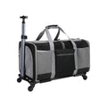 Sac trolley pliable à roulettes pour chat et chien noir et gris avec poignée télescopique, vue de trois quarts