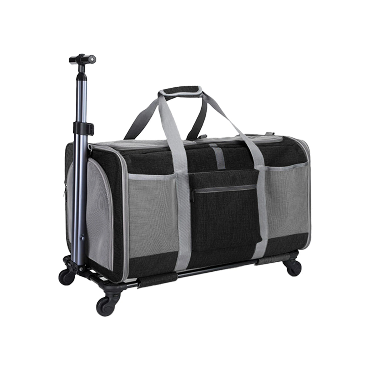 Sac trolley pliable à roulettes pour chat et chien noir et gris avec poignée télescopique, vue de trois quarts
