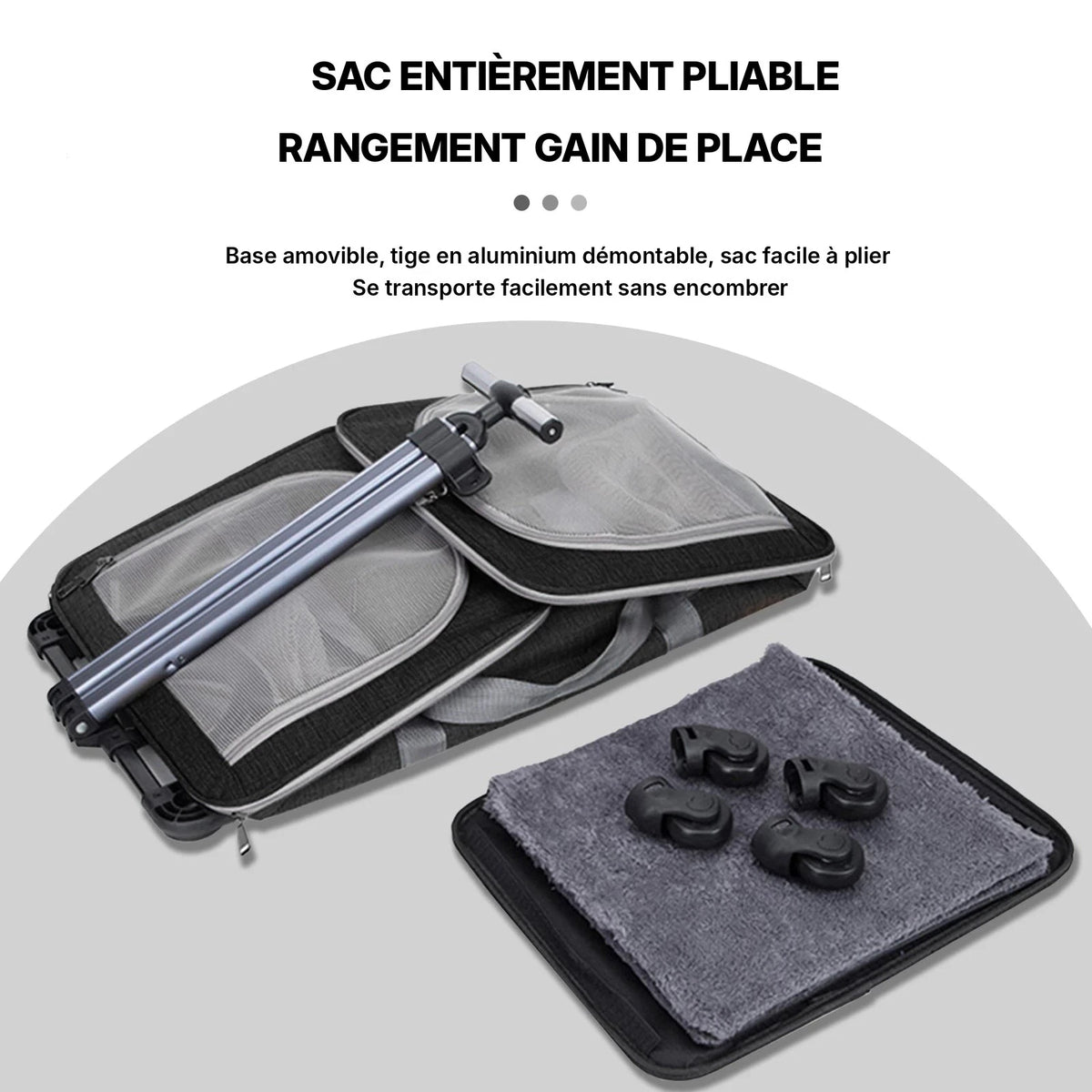 Sac trolley pliable à roulettes pour chat et chien replié à plat avec sa tige en aluminium et ses roulettes