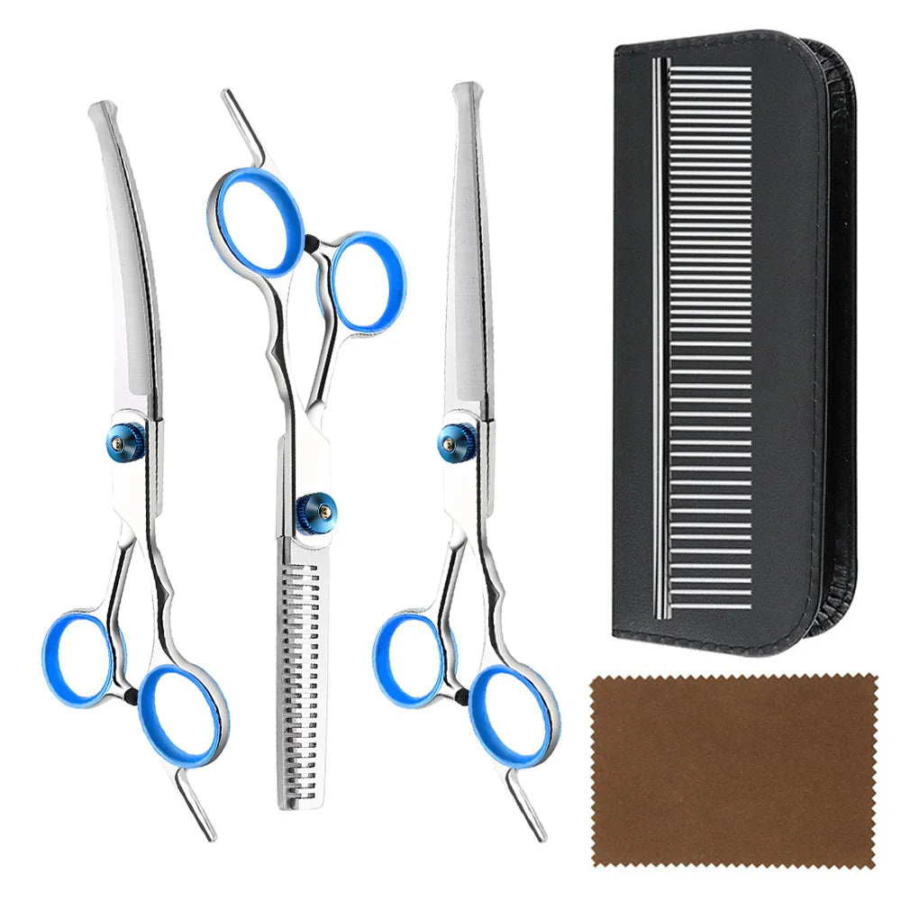 Kit de ciseaux de toilettage en inox à bouts ronds, anneaux bleus, avec peigne métallique, étui et chiffon