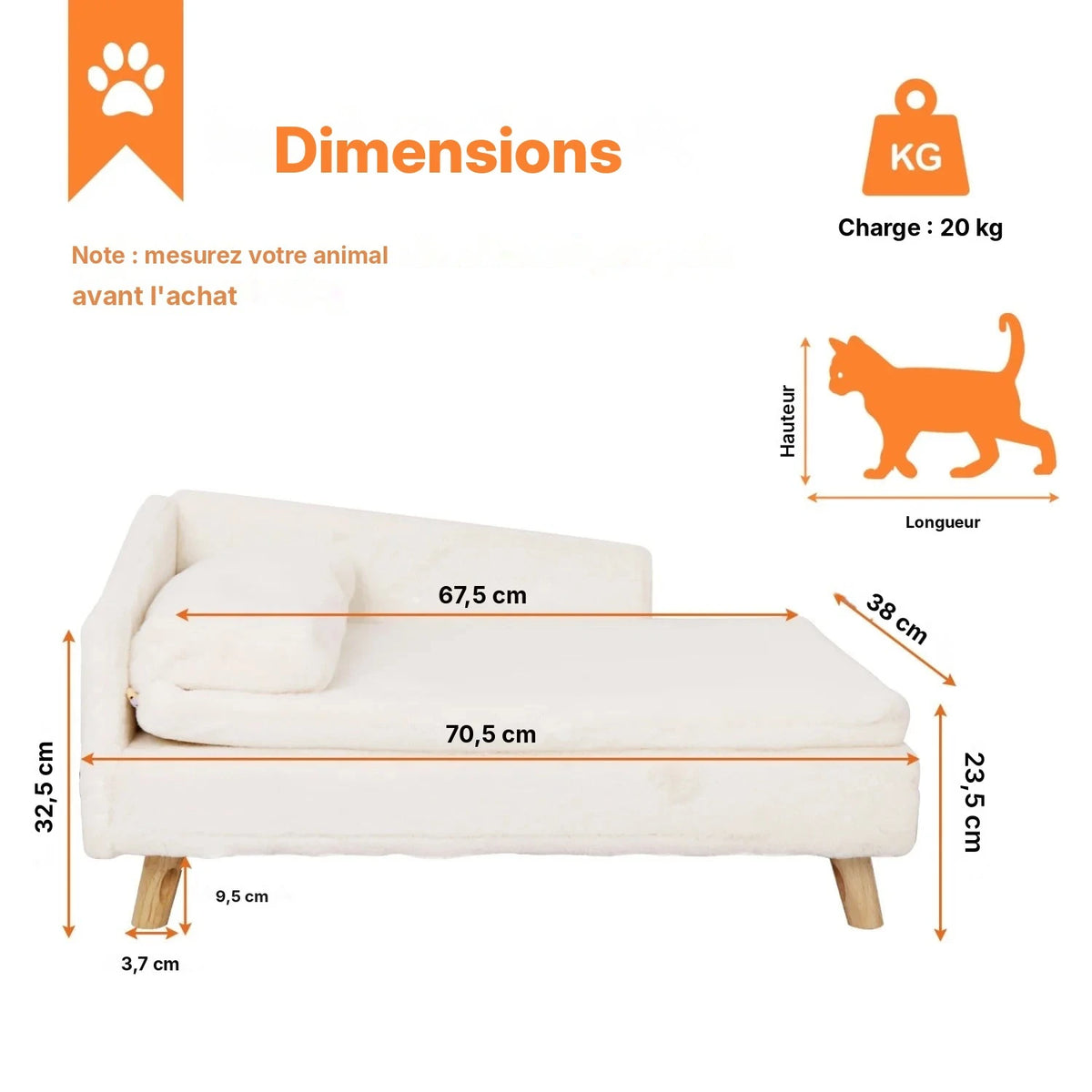 Dimensions du canapé surélevé en peluche BINGOPAW : 70,5 × 38 cm, hauteur 32,5 cm, pieds de 9,5 cm