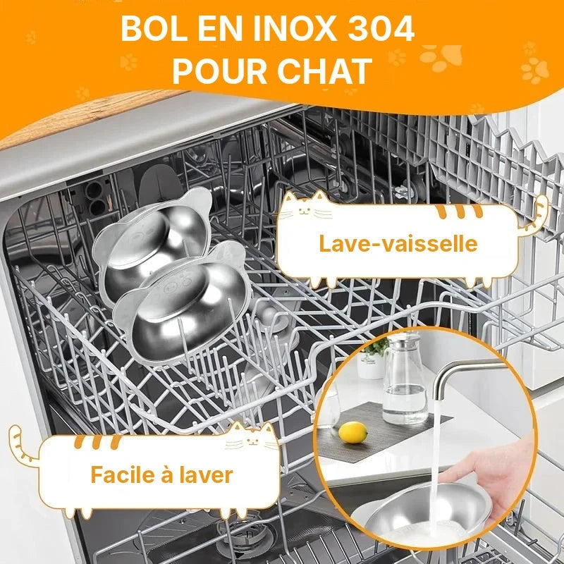 Bol incliné surélevé en inox 304 pour chat posé dans un lave-vaisselle, nettoyage facile sous le robinet
