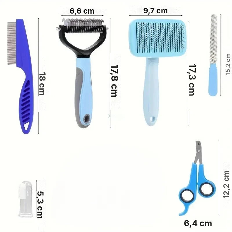 Dimensions des accessoires du kit de toilettage bleu : peigne anti-puces, démêloir, brosse, lime