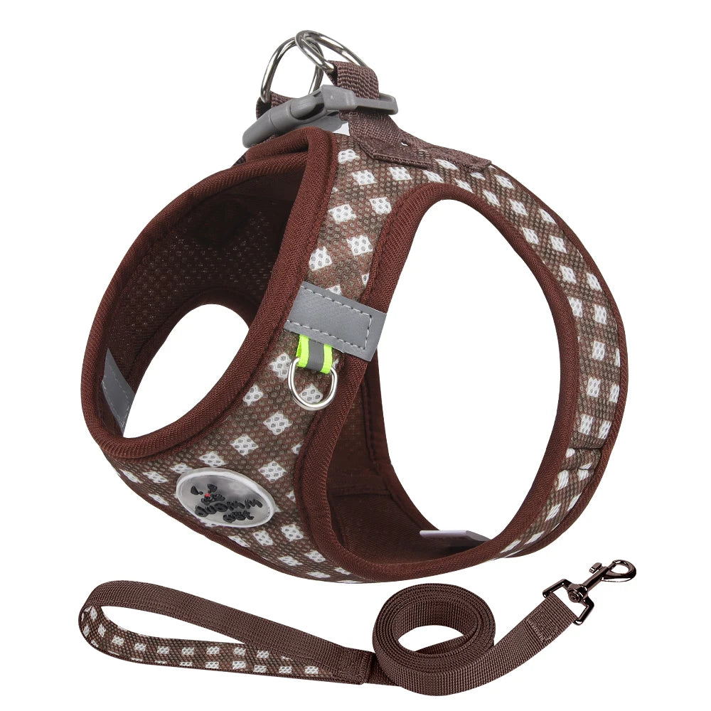 Harnais réfléchissant à carreaux pour petit chien et chat coloris café avec laisse assortie et mousqueton