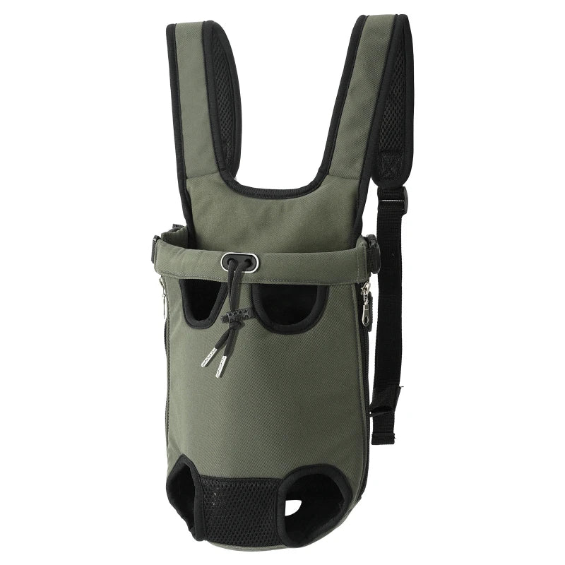 Sac à dos ventral pour petit chien en maille respirante, vert kaki, vue de trois quarts avec cordon de serrage
