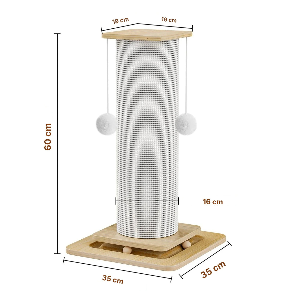 Griffoir pour chat 3 en 1 en sisal 60 cm, schéma des dimensions : plateau 19 cm, poteau 16 cm, base 35 cm