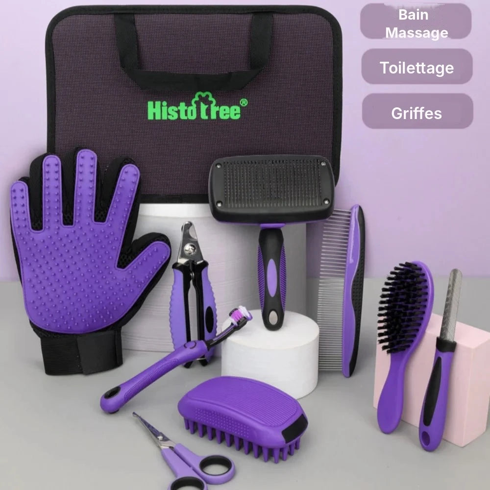 Kit de toilettage 9 pièces pour chien Histdtree : gant, brosses, coupe-griffes, ciseaux et trousse de rangement